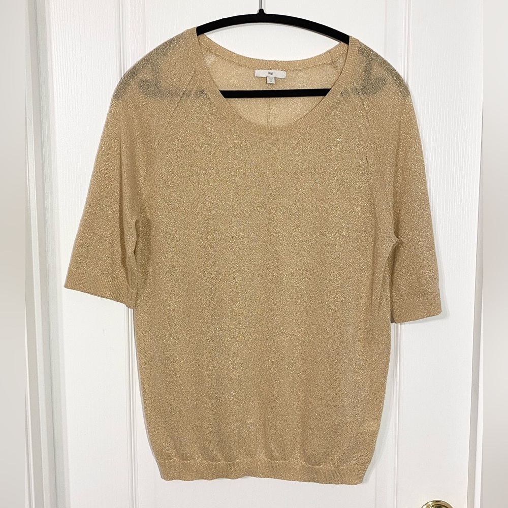 GAP Delicate Gold Metallic Knit Semi Sheer Short Sleeve Sweater Size Medium